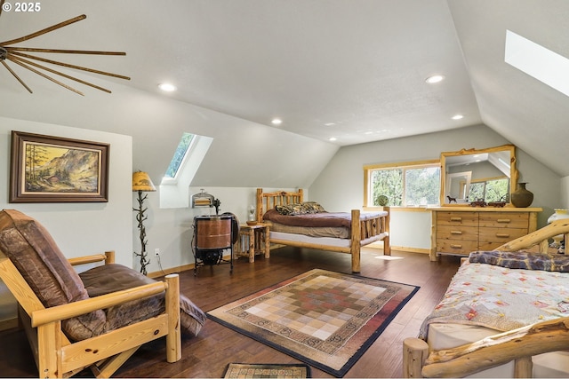 123604 Muttonchop St, Crescent Lake, OR 97733 - bedroom featuring a skylight, vaulted ceiling, recessed lighting, and hardwood / wood-style floors