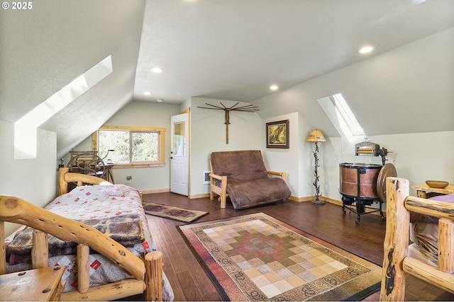 123604 Muttonchop St, Crescent Lake, OR 97733 - bedroom with a skylight, lofted ceiling, recessed lighting, and hardwood / wood-style floors