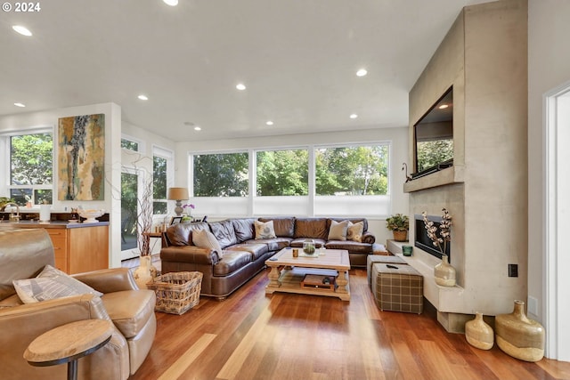 living room with a tiled fireplace, plenty of natural light, and light wood-type flooring