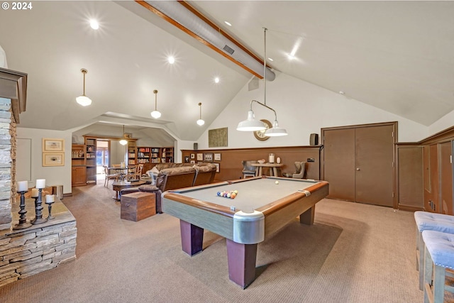 recreation room featuring light carpet, beam ceiling, high vaulted ceiling, and billiards