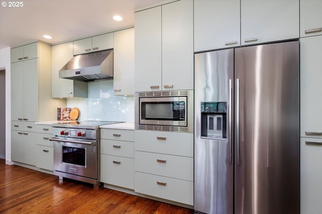 kitchen with dark wood-style flooring, appliances with stainless steel finishes, light countertops, under cabinet range hood, and recessed lighting