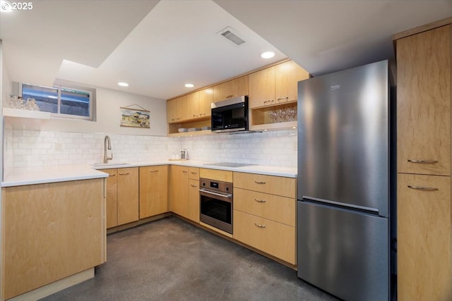 kitchen with light brown cabinetry, open shelves, appliances with stainless steel finishes, a sink, and visible vents