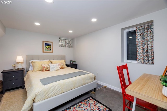 bedroom featuring recessed lighting, baseboards, and carpet