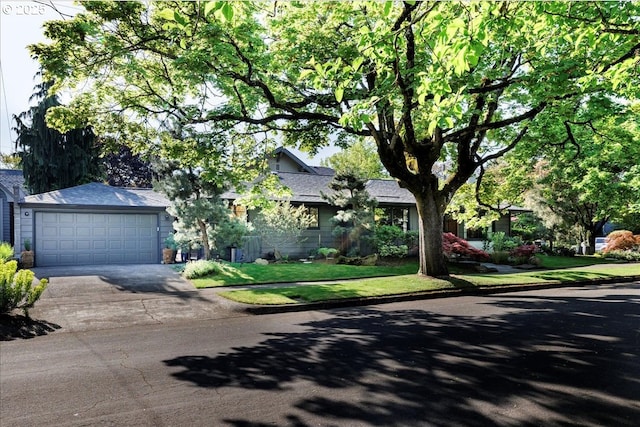 view of front of home with a garage, driveway, and a front yard