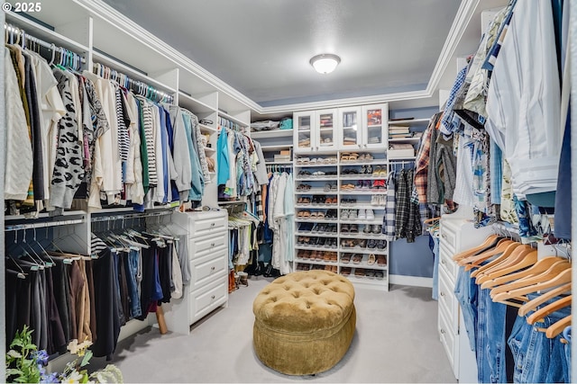 spacious closet featuring light colored carpet