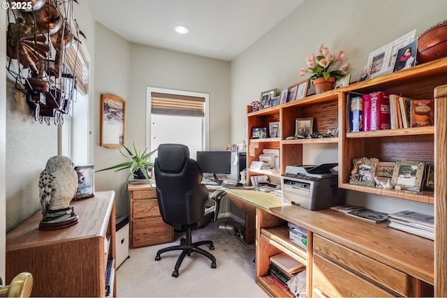 home office with light colored carpet