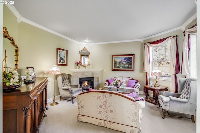 living area with light carpet, crown molding, and a premium fireplace