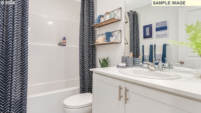 full bathroom featuring toilet, shower / bathtub combination with curtain, and vanity