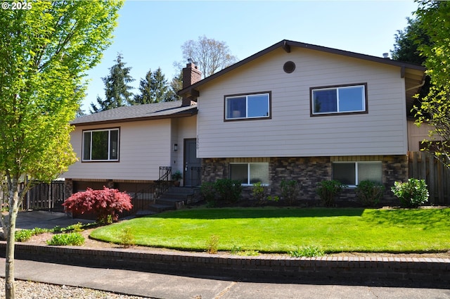 13950 SW Barlow Rd, Beaverton, OR 97008 - split level home featuring a chimney, an attached garage, and stone siding