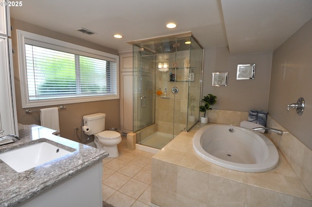 13950 SW Barlow Rd, Beaverton, OR 97008 - full bath featuring vanity, a shower stall, tile patterned floors, toilet, and a garden tub