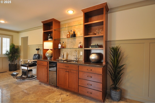 13950 SW Barlow Rd, Beaverton, OR 97008 - indoor wet bar featuring beverage cooler, wainscoting, and a decorative wall