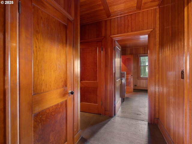 unfurnished room featuring wood-type flooring, wooden ceiling, and wood walls