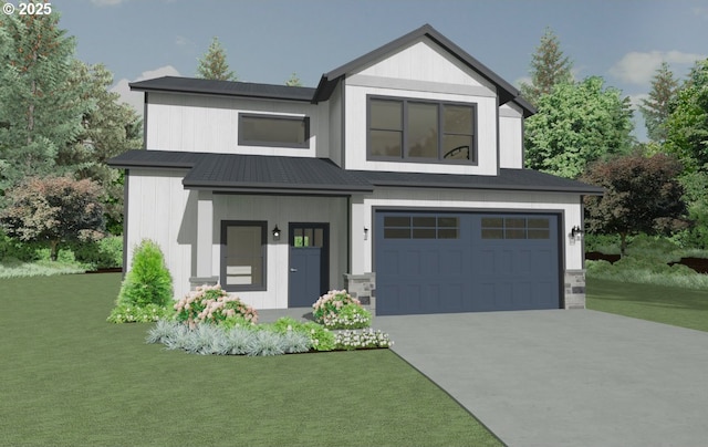 view of front of home featuring a garage, concrete driveway, and a front yard