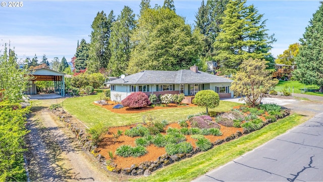 3116 Vista Dr, Forest Grove, OR 97116 - ranch-style house with a gazebo, a chimney, a front yard, and a carport
