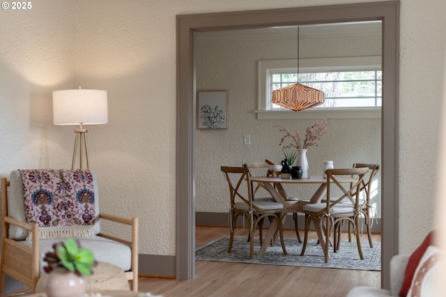 dining room featuring wood finished floors and a textured wall