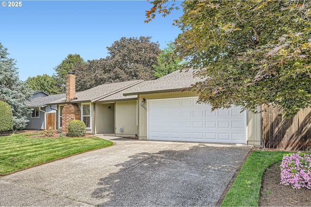 14905 SE Stevenson Dr, Vancouver, WA 98683 - ranch-style house with concrete driveway, roof with shingles, a chimney, a garage, and a front yard