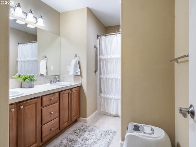 22824 NE 254th Ct, Battle Ground, WA 98604 - full bath featuring tile patterned flooring, double vanity, decorative backsplash, and a shower with shower curtain