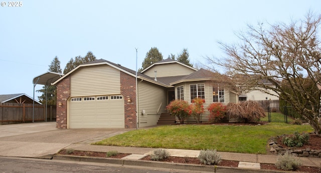 ranch-style home featuring a front lawn and a garage