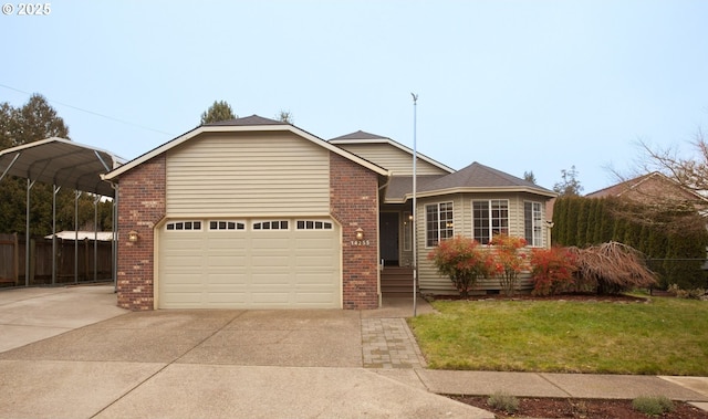 view of front facade featuring a carport, a front lawn, and a garage