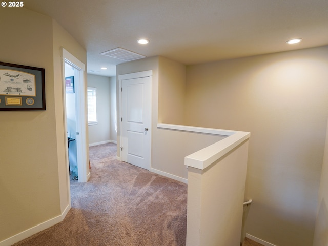 11473 SE Pleasant Valley Pkwy, Happy Valley, OR 97086 - hallway with an upstairs landing, carpet, baseboards, and recessed lighting