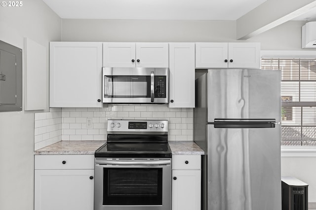 kitchen with tasteful backsplash, appliances with stainless steel finishes, electric panel, and white cabinets