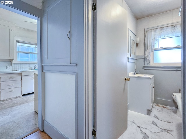 hall featuring baseboards, a sink, and plenty of natural light