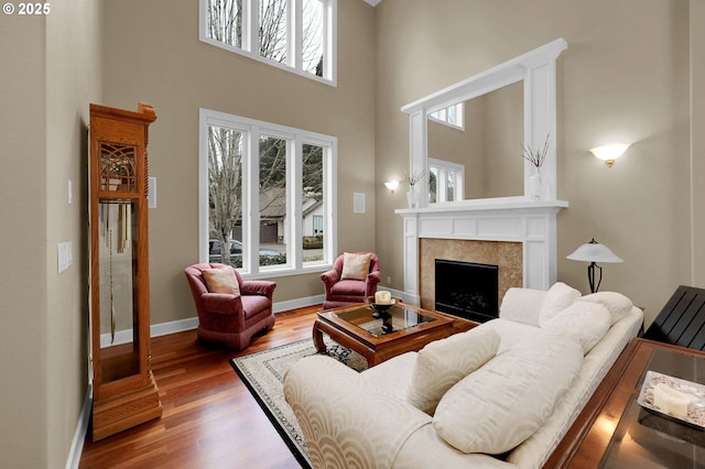 living room featuring a high ceiling, wood-type flooring, and a healthy amount of sunlight