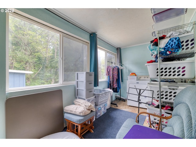 bedroom with ornamental molding, carpet, and washer / clothes dryer
