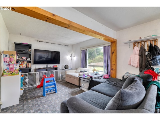 carpeted living area with a textured ceiling