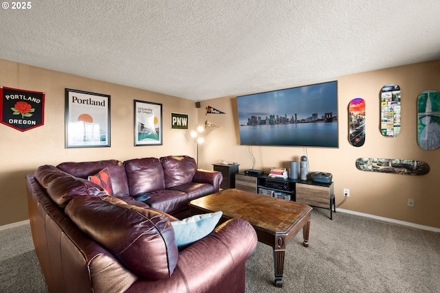 living room featuring a textured ceiling and carpet