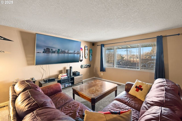 living room with carpet floors and a textured ceiling