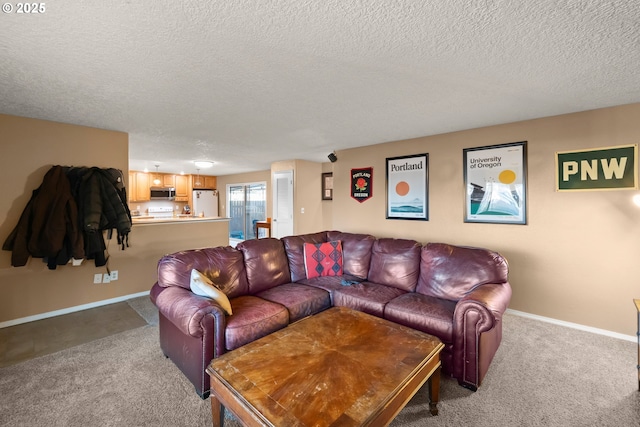 living room with light colored carpet and a textured ceiling