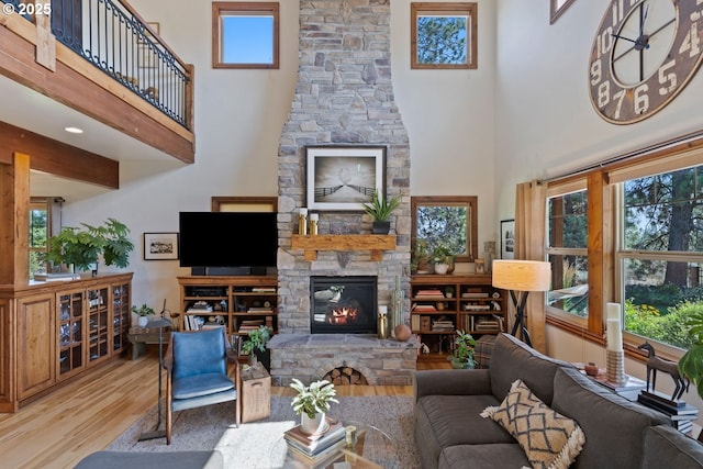 living area with wood finished floors, a high ceiling, and a fireplace