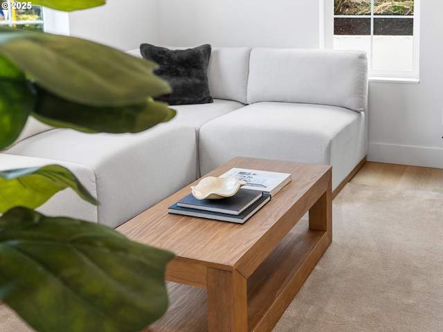 living room with light colored carpet