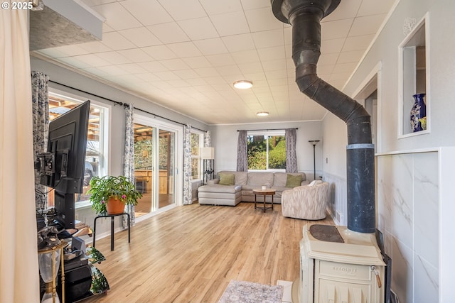 living area with ornamental molding and wood finished floors