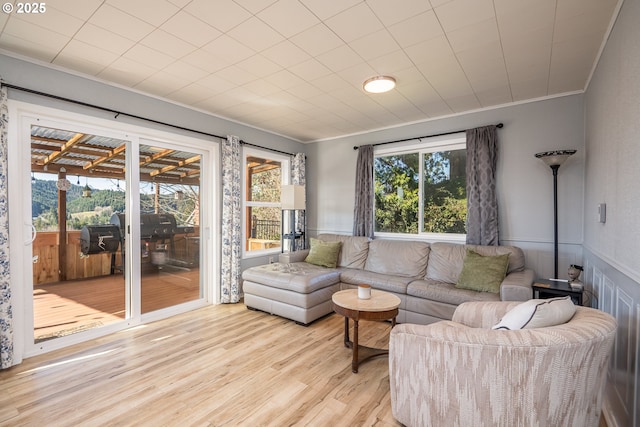 living room featuring light wood-style flooring, crown molding, and wainscoting