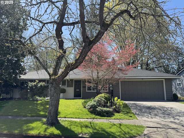 view of front of property with driveway, a shingled roof, a front yard, and a garage