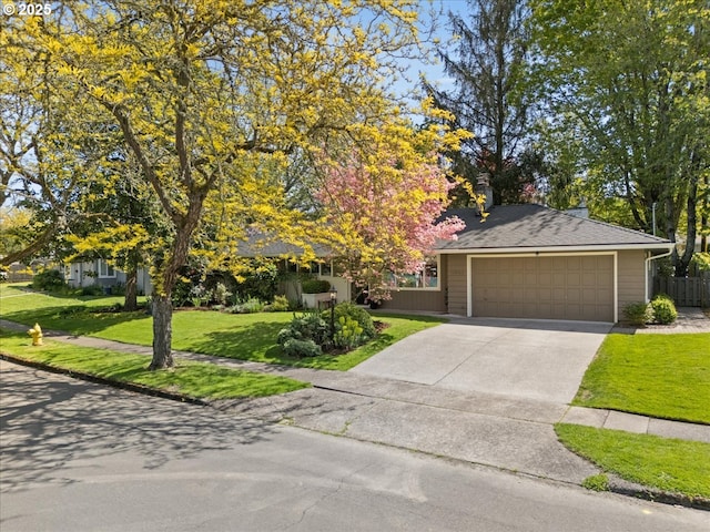 obstructed view of property with fence, an attached garage, concrete driveway, and a front lawn