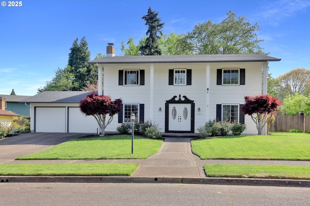 greek revival house with fence, driveway, a chimney, and a front lawn