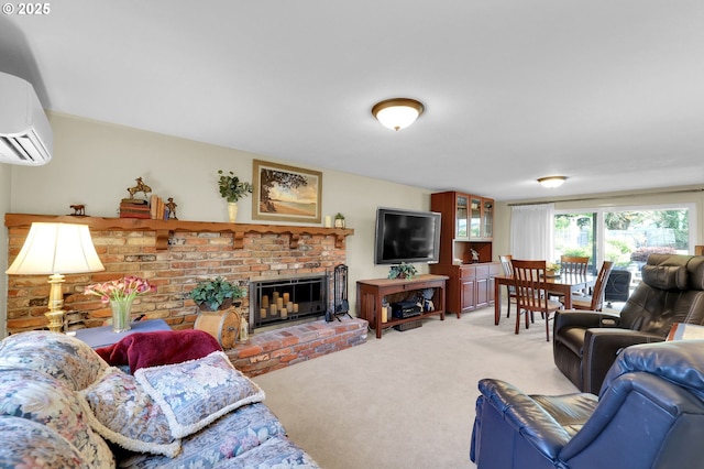 living area with an AC wall unit, carpet floors, and a fireplace