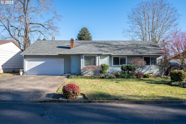 single story home with a garage and a front lawn