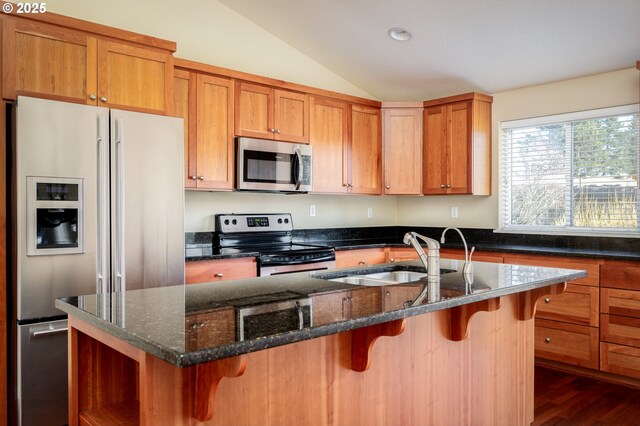 kitchen featuring vaulted ceiling, sink, dark stone countertops, stainless steel appliances, and a center island with sink