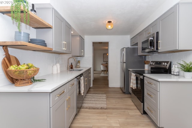 kitchen featuring a sink, stainless steel appliances, open shelves, and gray cabinetry