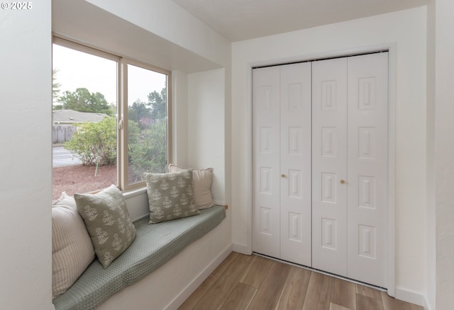 living area featuring baseboards and wood finished floors