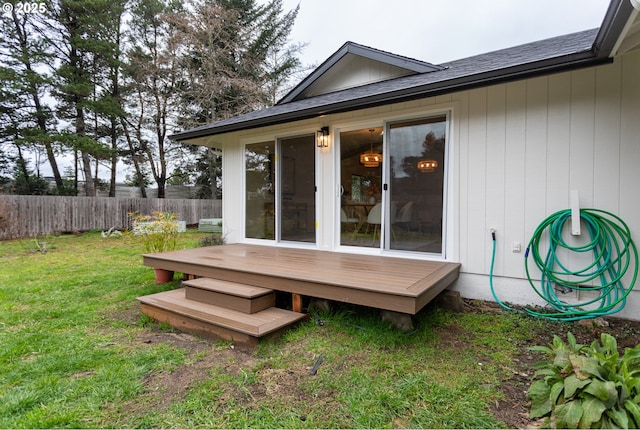 wooden deck featuring fence and a lawn