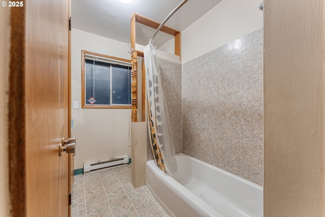 bathroom with shower / bath combination with curtain and baseboard heating