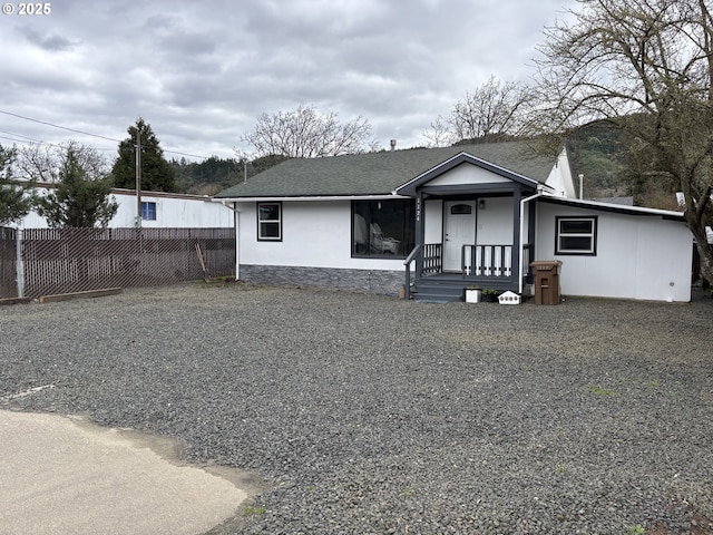 view of front of home with fence and roof with shingles