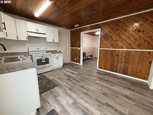 kitchen featuring electric stove, wood ceiling, white cabinets, a sink, and under cabinet range hood