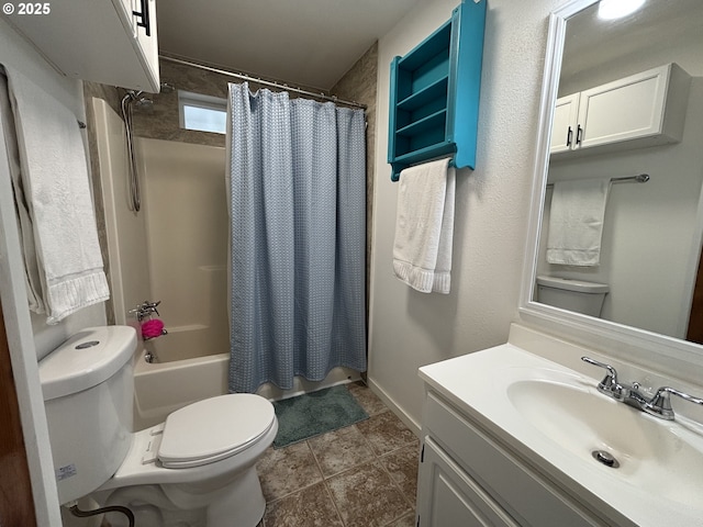 full bathroom with shower / bath combo, vanity, toilet, and tile patterned floors