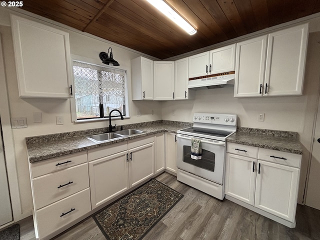 kitchen with a sink, under cabinet range hood, wooden ceiling, and electric stove